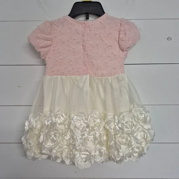 Nanette Baby Girls Pink & Ivory Dress 24M With Floral Rosette Skirt & Bow Accent - Picture 6 of 6